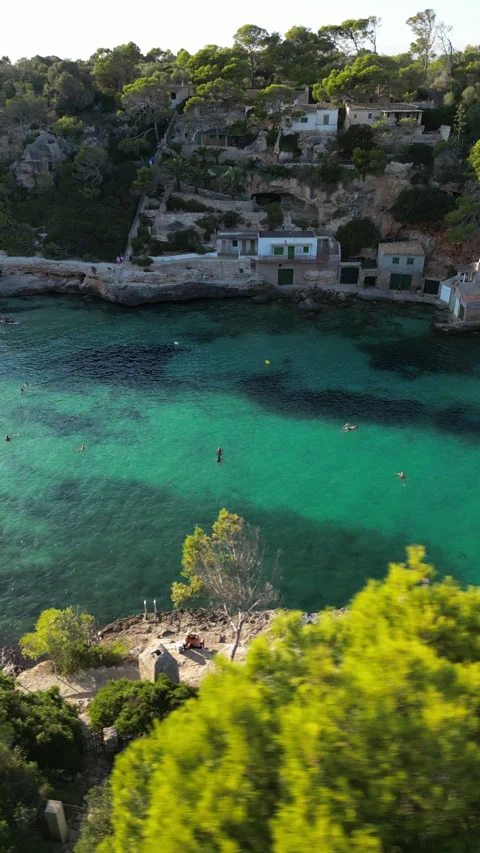 Drone shot in Cala Llombards at sunset, Mallorca, Spain Stock Footage 254635024