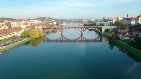 Drone Shot Of Calm Rriver With A Bridge Stock Footage 136096216