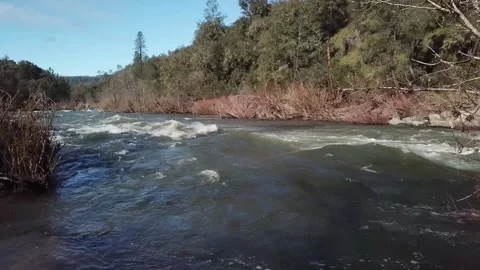 Drone shot - camera flies out to middle of fast moving river  (Mokelumne River) Stock-Footage 169495313