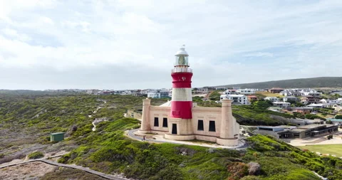 Drone Shot of Cape Agulhas Lighthouse at the Southernmost Point of Africa Stock Footage 330718781