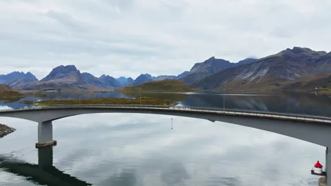 Drone Shot Capturing a Bridge in Lofoten Islands on a Sunny Autumn Day in North Stock Footage 254802592