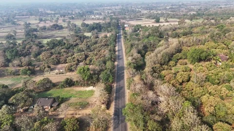 Drone shot capturing a curved countryside road surrounded by textured Vídeos de archivo 336033902