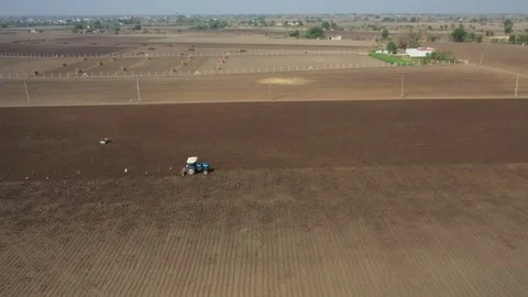 Drone shot capturing a small blue tractor driving across a large tilled field Stock Footage 336813636