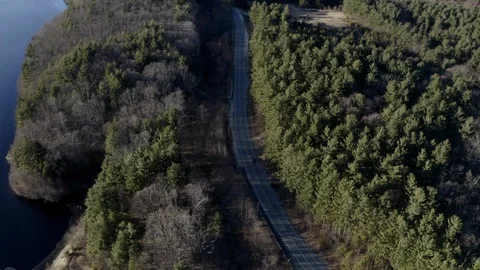 Drone Shot of a Car Driving Down a Forrest Road Stock Footage 126989762