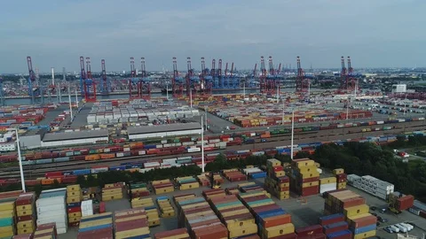 Drone shot of cargo container terminal in Port of Hamburg, Germany Video stock 108804315
