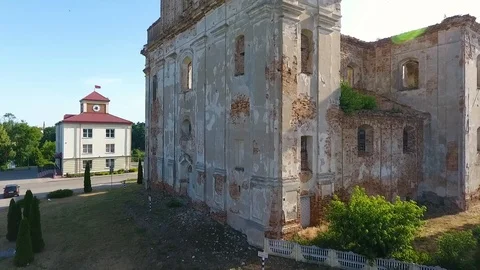 Drone shot of Catholic Temple Visits. Belarus, Bolshaya Berestovica Stock Footage 117971376