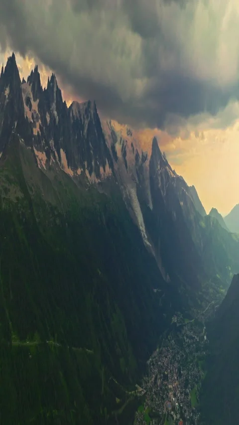 Drone Shot of Chamonix. Chamonix-Mont-Blanc is a resort town in France near the Video stock 302122169