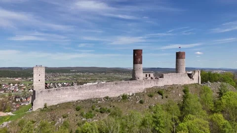 Drone shot of Checiny Royal Castle in Poland Stock Footage 307556486