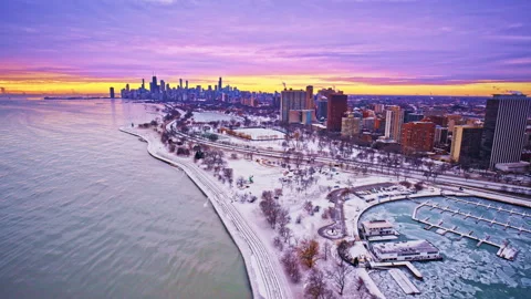 Drone shot of Chicago’s Loop at daybreak during the winter season. Stock Footage 331681346