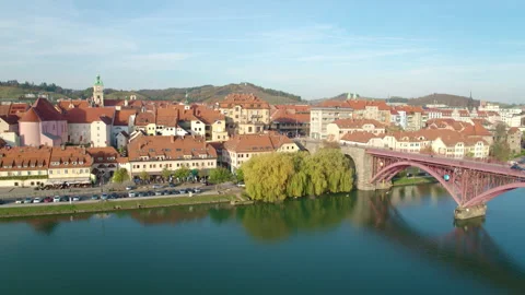 Drone Shot Of City Built Next To River Stock Footage 136097305