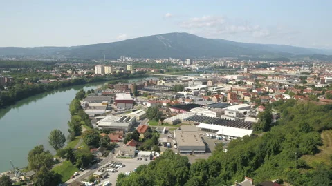 Drone Shot Of City Built By A River Stock Footage 136662950