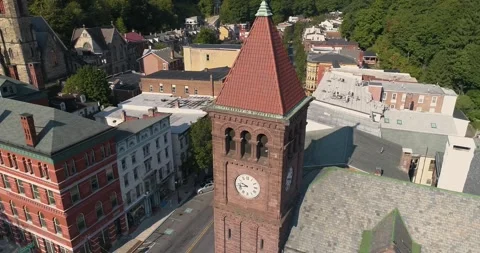 Drone Shot of Clock Tower in Pocono Mountains, Jim Thorpe Pennsylvania Stock Footage 284636503