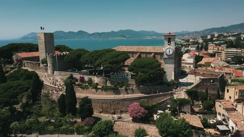 Drone Shot of Clocktower in Cannes Centre in France Vidéo 309678723