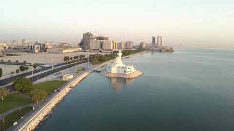 Drone Shot of Coastal Mosque and Corniche Road in Saudi Arabia Stock Footage 335308345
