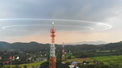Drone shot Communication tower at rural countryside place with wave Stock Footage 98332952