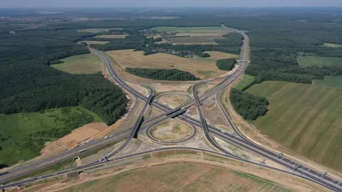Drone shot of complex roadway interchange layout Stock Footage 321773387