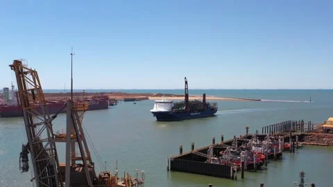 Drone Shot of Container Ship Entering Harbour and Port, Port Hedland, Australia Stock Footage 139327728