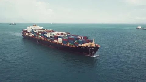 Drone shot of container ship sailing, Singapore Straits Stock Footage 157571675