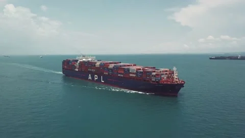 Drone shot of container ship sailing, Singapore Straits Stock Footage 157571764