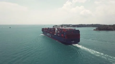 Drone shot of container ship sailing, Singapore Straits Stock Footage 157571796