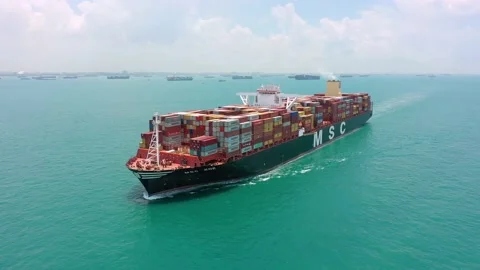 Drone shot of container ship sailing, Singapore Straits Stock Footage 157571806