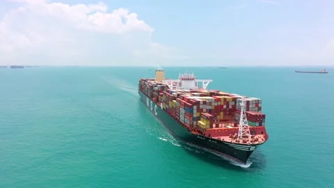Drone shot of container ship sailing, Singapore Straits 스톡 동영상 157571816