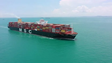 Drone shot of container ship sailing, Singapore Straits Stock Footage 157571829