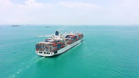 Drone shot of container ship sailing, Singapore Straits Stock Footage 157571882