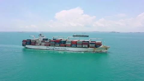 Drone shot of container ship sailing, Singapore Straits Stock Footage 157571890