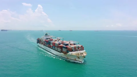 Drone shot of container ship sailing, Singapore Straits Stock Footage 157571906