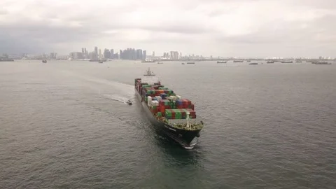 Drone shot of container ship sailing, Singapore Straits Stock Footage 157572016