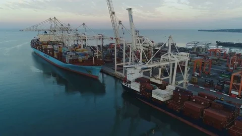 Drone shot of container terminal Port of Koper, import export economy Europe Stock Footage