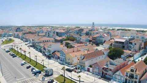 Drone shot of Costa Nova Do Prado in Portugal, colorful and striped houses 4K Stock Footage 162956877