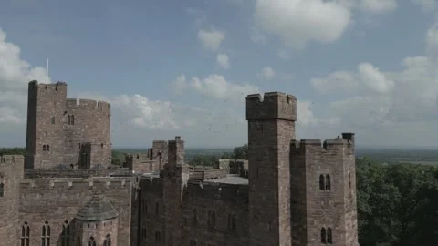 Drone shot of crazy amount of Swallows around castle in Cheshire Stock Footage 259289670