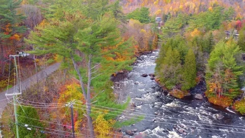 Drone Shot of Creek Flowing Below the Laurentian Mountains in Quebec Stock Footage 288073155