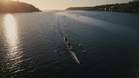 Drone shot of a crew of athletes rowing a boat at sunrise. Halifax, Canada Stock Footage 254992572
