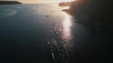 Drone shot of a crew of athletes rowing a boat at sunrise. Halifax, Canada Stock Footage 254992585
