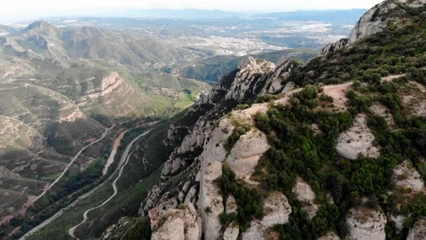 Drone shot of the cross of St. Michael on the Montserrat mountain Stock Footage 166273697