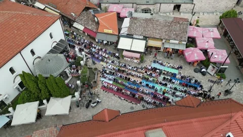 Drone Shot of the Crowded Prayers Performing Salaat Outside Stock Footage 214313184