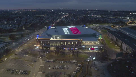 Drone Shot of Crowds Waiting to Enter UBS Arena at Belmont Park on Opening Night Stock Footage 235504336