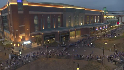 Drone Shot of Crowds Waiting to Enter UBS Arena at Belmont Park on Opening Night Stock Footage 235504360