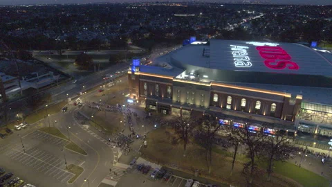Drone Shot of Crowds Waiting to Enter UBS Arena at Belmont Park on Opening Night Video stock 235504389