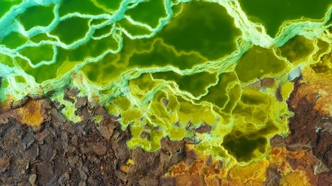 Drone shot crust of volcano filled with pools of minerals Dallol, Ethiopia Stock Footage 114305869