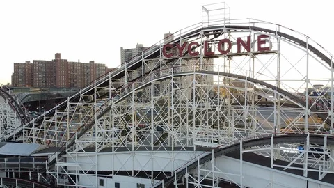 Drone shot of Cyclone Roller Coaster Coney Island Stock Footage 129759420