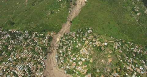 Drone shot of damage caused by mudslide in Blantyre, Malawi-Cyclone Freddy Video stock 245981174