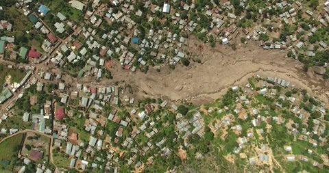 Drone shot of damage caused by mudslide in Blantyre, Malawi-Cyclone Freddy Video stock 245981664