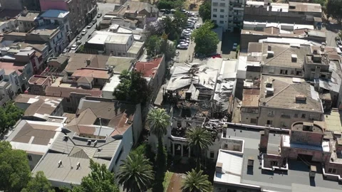 Drone shot of the day after the fire at the Pedro de Valdivia University near Stock Footage 136346500