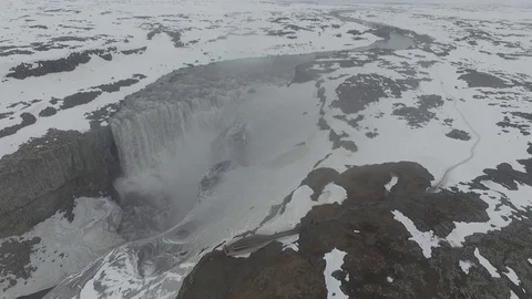 Drone shot: Dettifoss waterfall during the dramatic cloudy weather Stock Footage 93390751