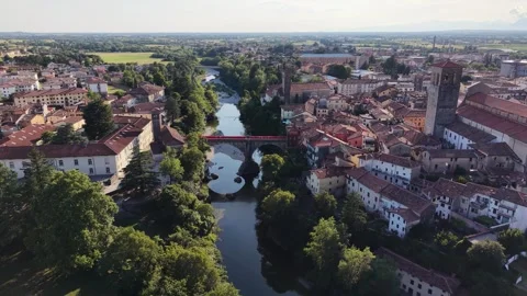 Drone shot of Devil's Bridge (Ponte del Diavolo) in Cividale del Friuli, Italy Stock Footage 340958235