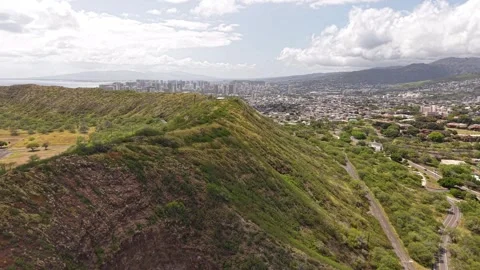 Drone Shot of Diamond Head Volcanic Tuff Cone Above Honolulu City, Oahu Island Stock Footage 315505294